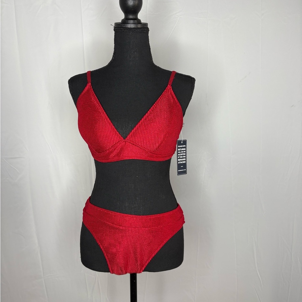 Red Ribbed Bikini Set